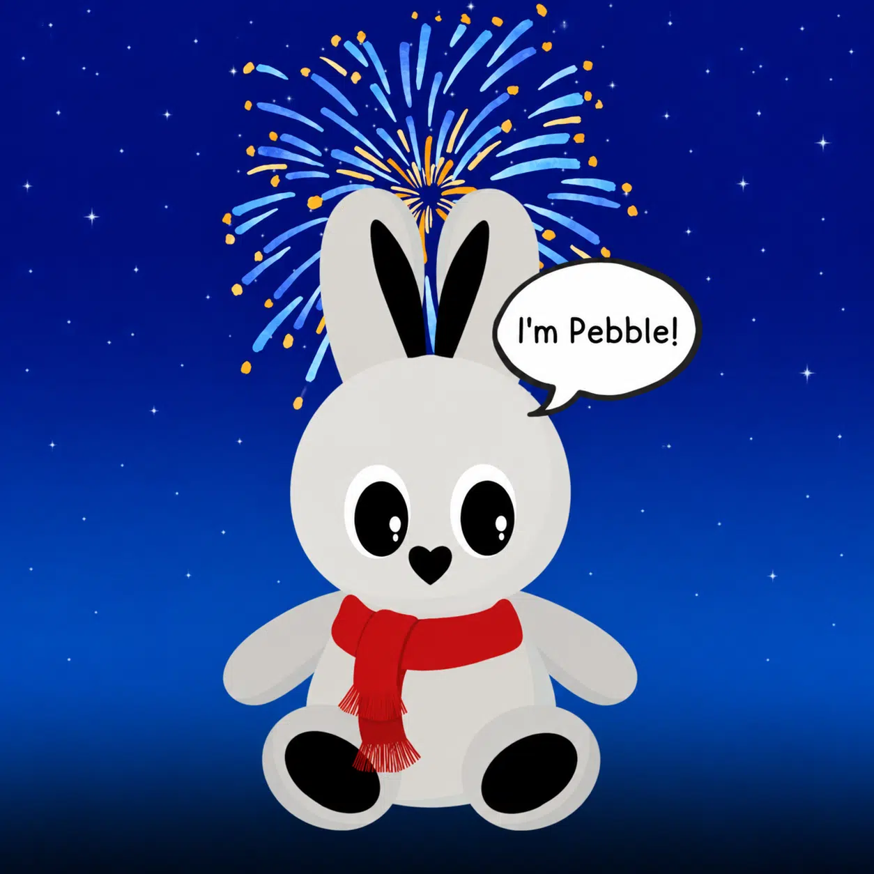Pebble Binkyhop wearing a red scarf with fireworks behind him