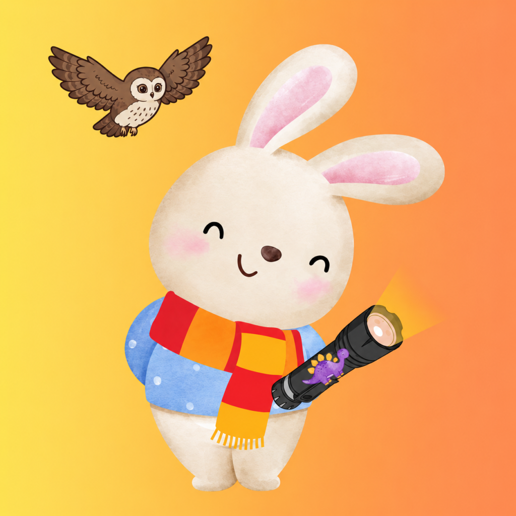 Basil Binkyhop wearing a striped scarf and holding a torch, with an owl nearby