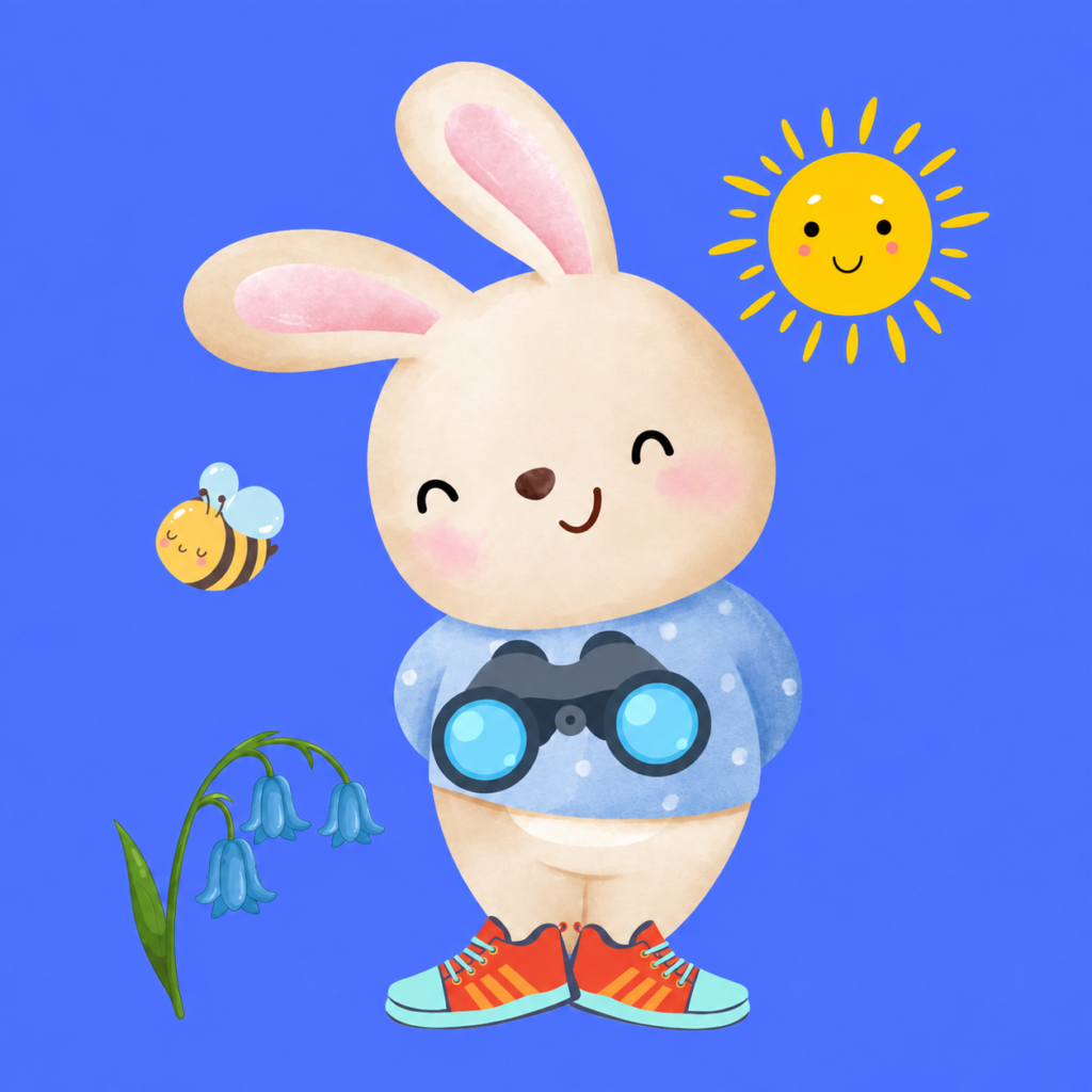 Berry Binkyhop with his binoculars beside a bee and bluebells