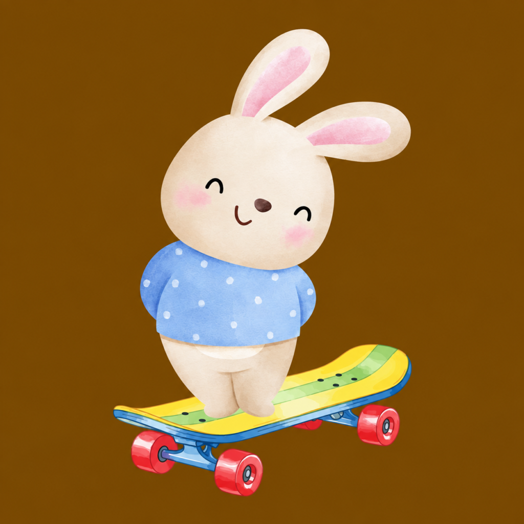 Conker Binkyhop standing on his colourful skateboard