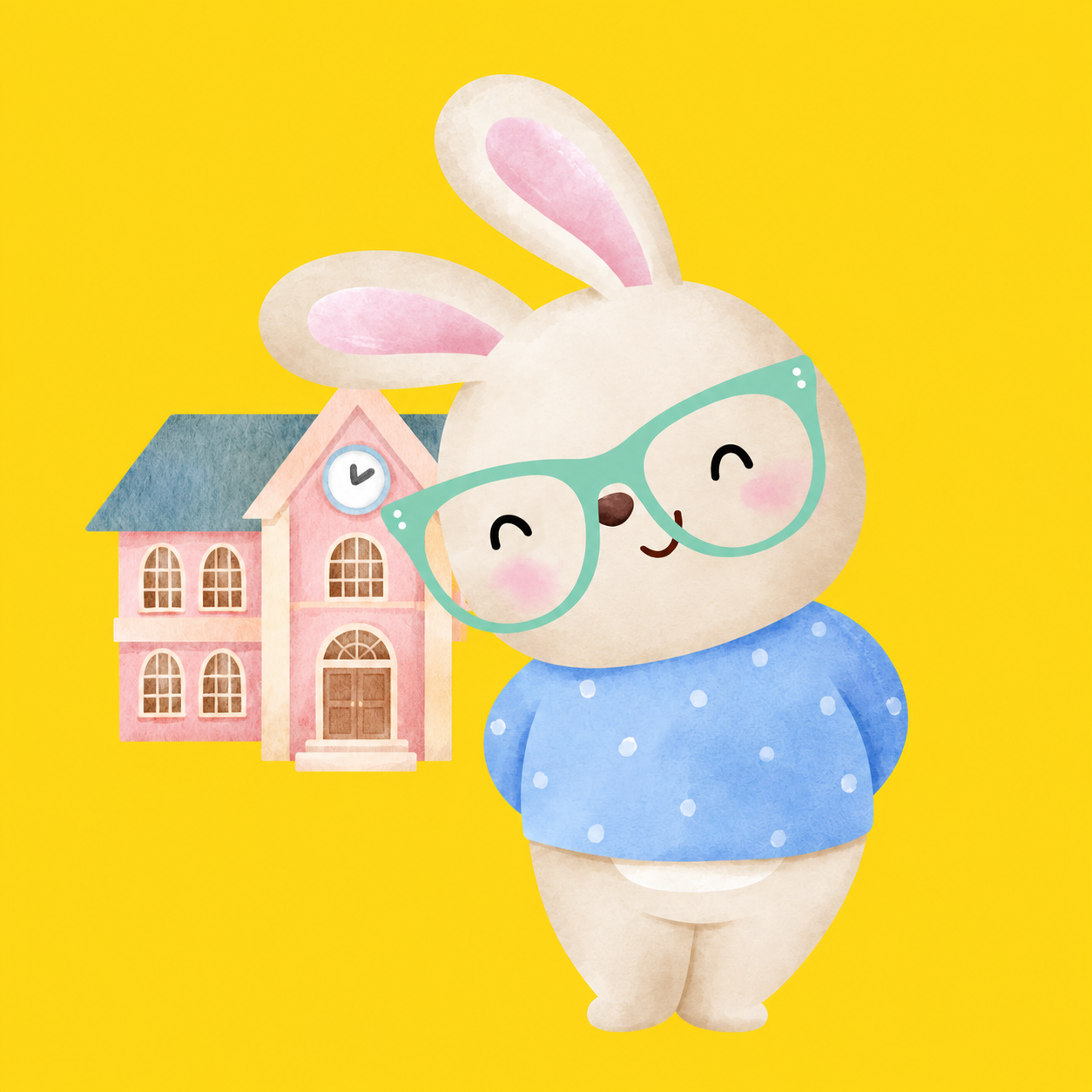 Dandelion Binkyhop wearing mint-green glasses with a school behind him