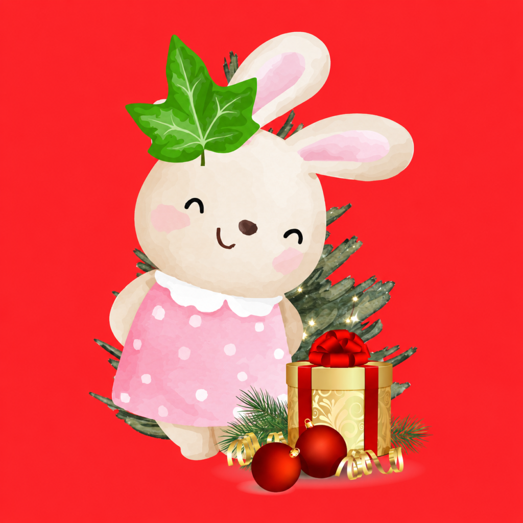 Ivy Binkyhop wearing an ivy leaf beside a Christmas tree and a golden present