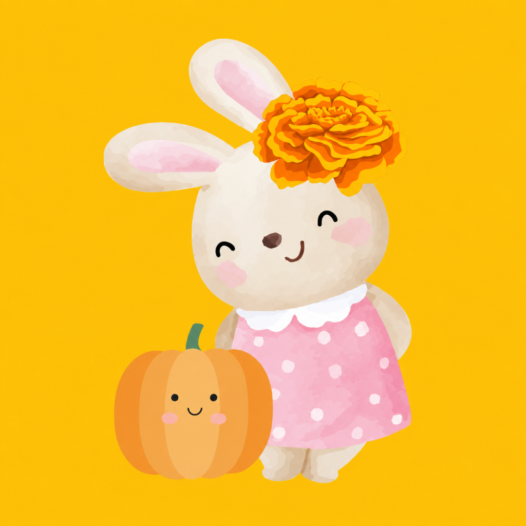 Marigold Binkyhop wearing an orange flower beside a smiling pumpkin