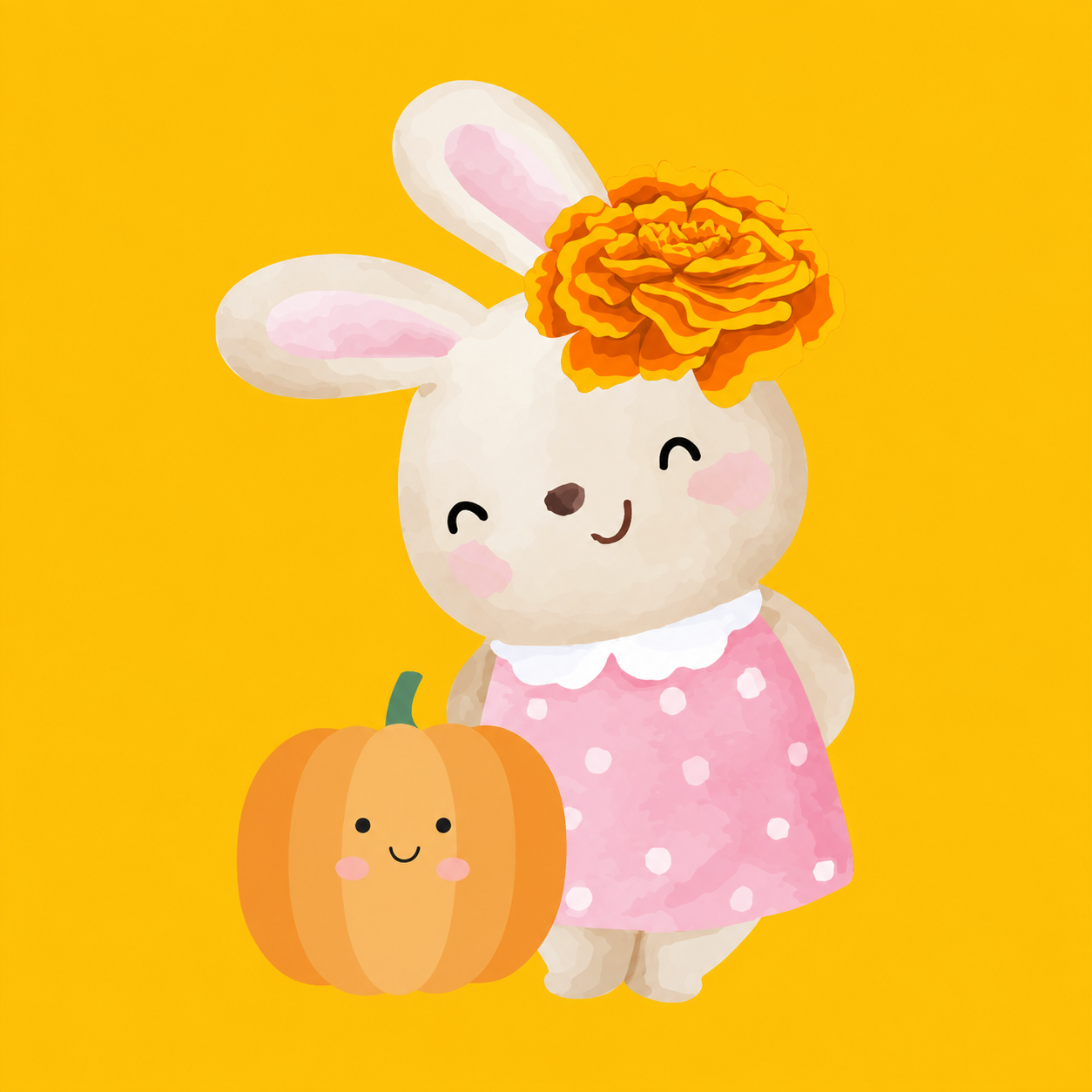 Marigold Binkyhop wearing an orange flower beside a smiling pumpkin