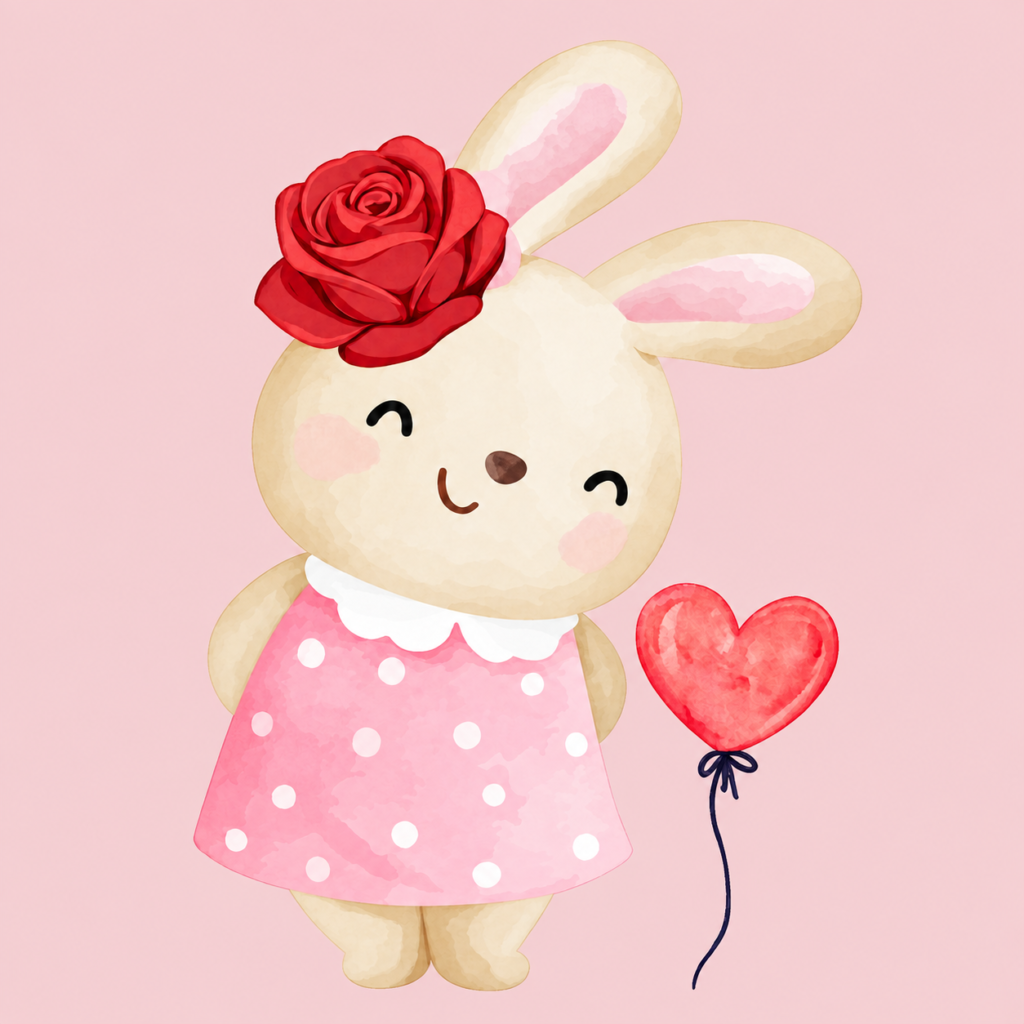 Rose Binkyhop with a red rose and heart-shaped balloon
